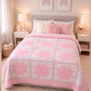 007 Pink Star Girls Quilt As Is With Mark